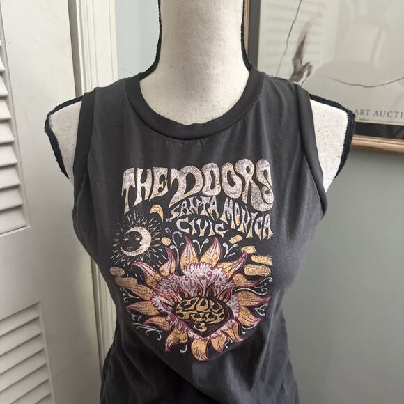 THE DOORS Dress Womens Medium Gray Sleeveless Ruched Santa Monica Graphic Retro - Picture 2 of 12